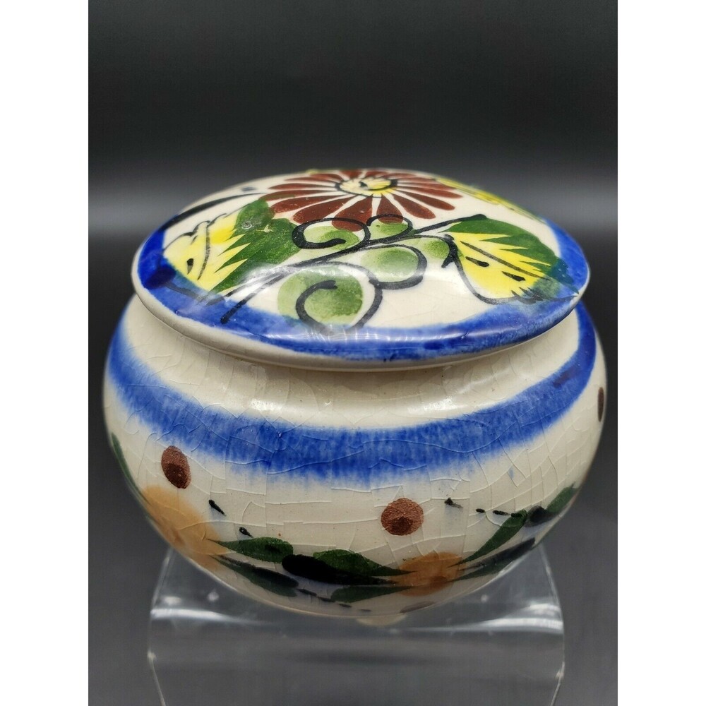 Tonala Mexican Pottery Footed Covered Trinket Dish Colorful Made in Mexico